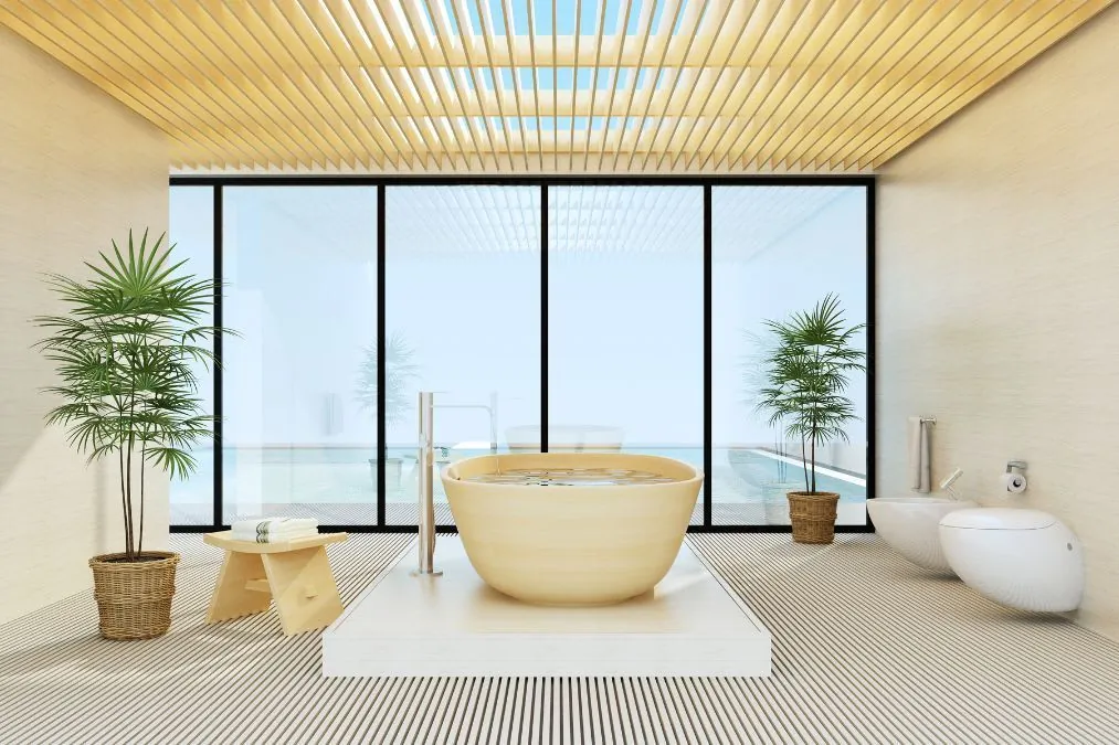 Minimalist spa bathroom with a freestanding tub, floor-to-ceiling windows, and potted plants