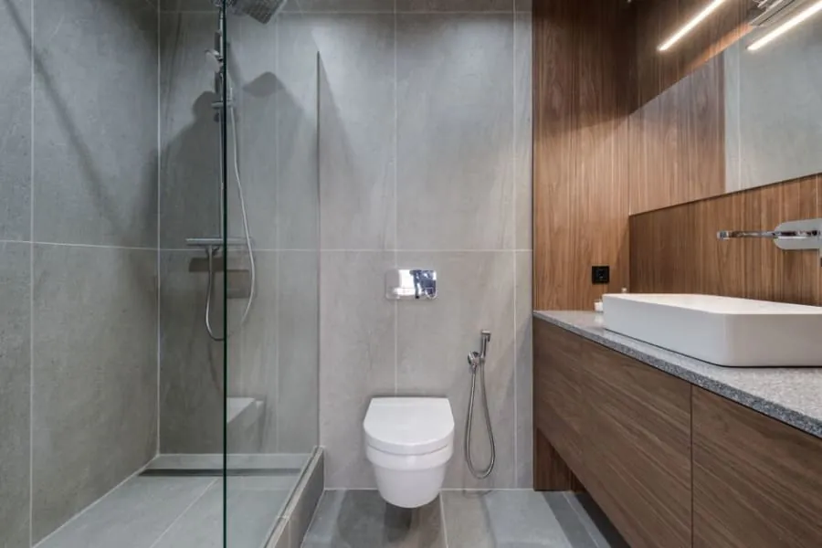 Level-access walk-in shower in a Derby bungalow bathroom