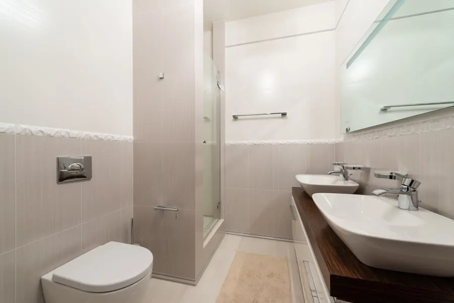Modern bathroom with toilet, glass shower, and double sinks with mirror and wood countertop