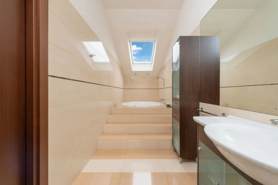 Loft en-suite with a roof window providing light and ventilation