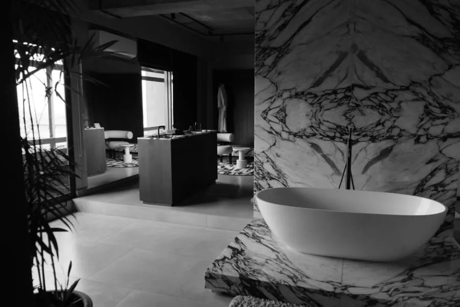 Spa-style bathroom with a freestanding bath and natural touches