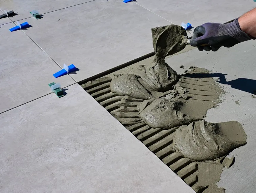 Tiles being applied to a properly prepared bathroom wall