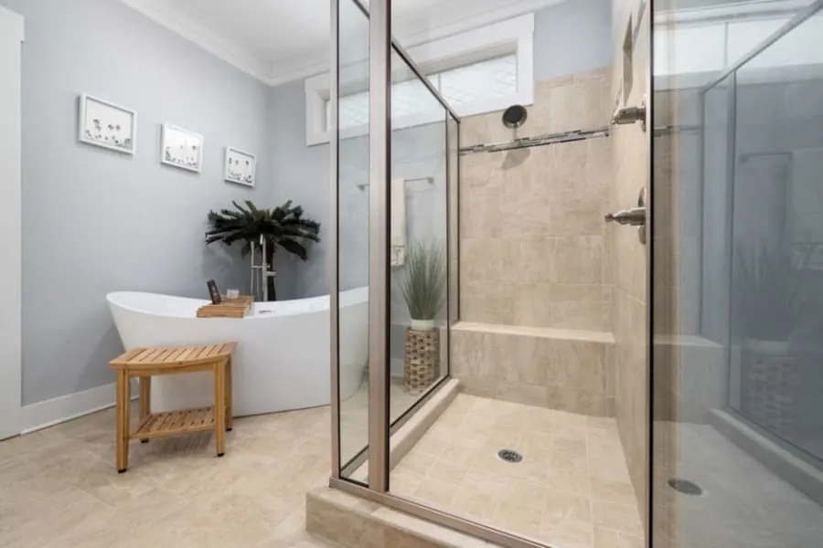 Frameless glass screen on a walk-in shower