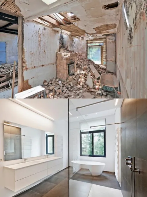 Bathroom renovation comparison: demolition scene, then a modern white bathroom with a large tub and vanity.