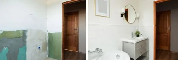 Before-and-after comparison of a bathroom renovation. The left shows demolition, the right is a modern bathroom.
